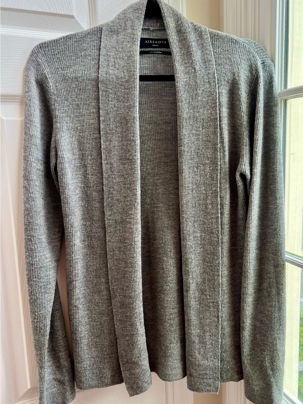 AllSaints Mode Merino Wool Ramskull Open Cardigan Gray Men’s S